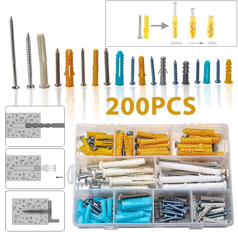 200Pcs Anchors Tapping Screws M6 M8 M10 DIY Expansion Drywall Wall Raw Plugs Plastic Rubber Plug Fixings Screw Set