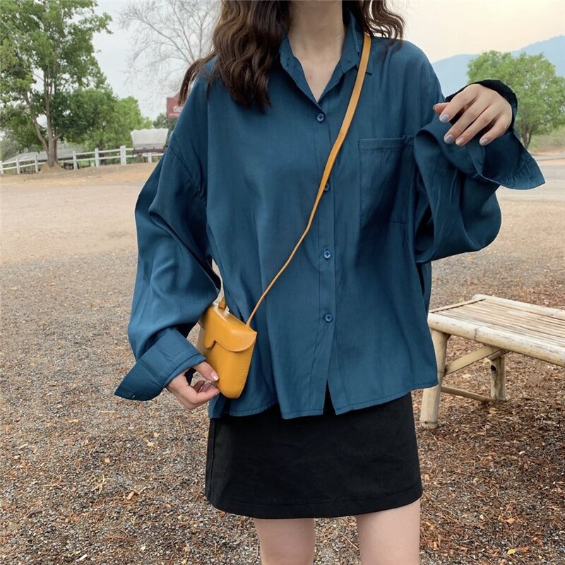 Kvinder skjorter og bluser feminin bluse top langærmet afslappet hvid turn-down krave street style kvinders løse bluser: Blå