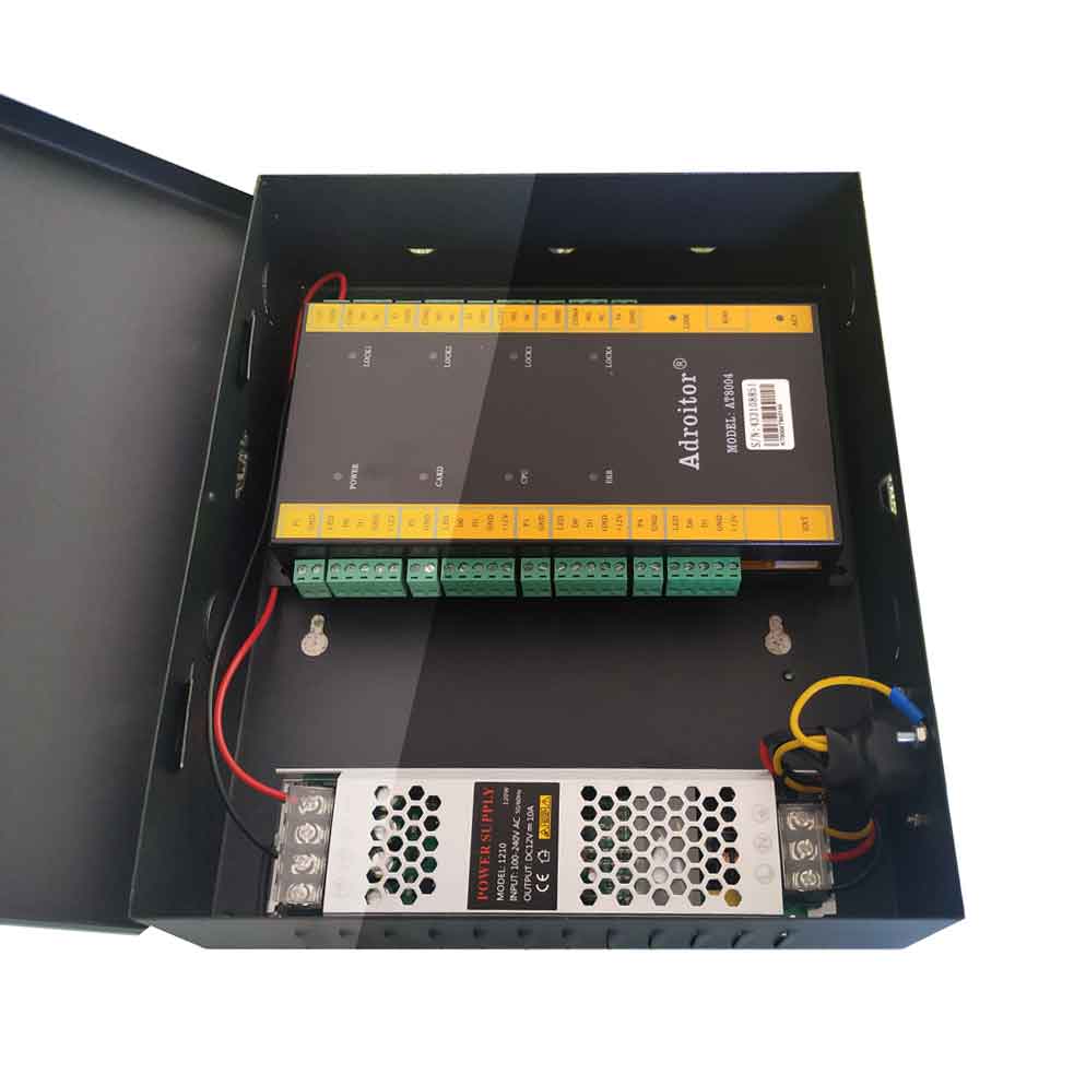 Access control kit TCP/IP four Door controller 10A power supply support time attendance /access/alarm/finger/web/phone sn:AT-04