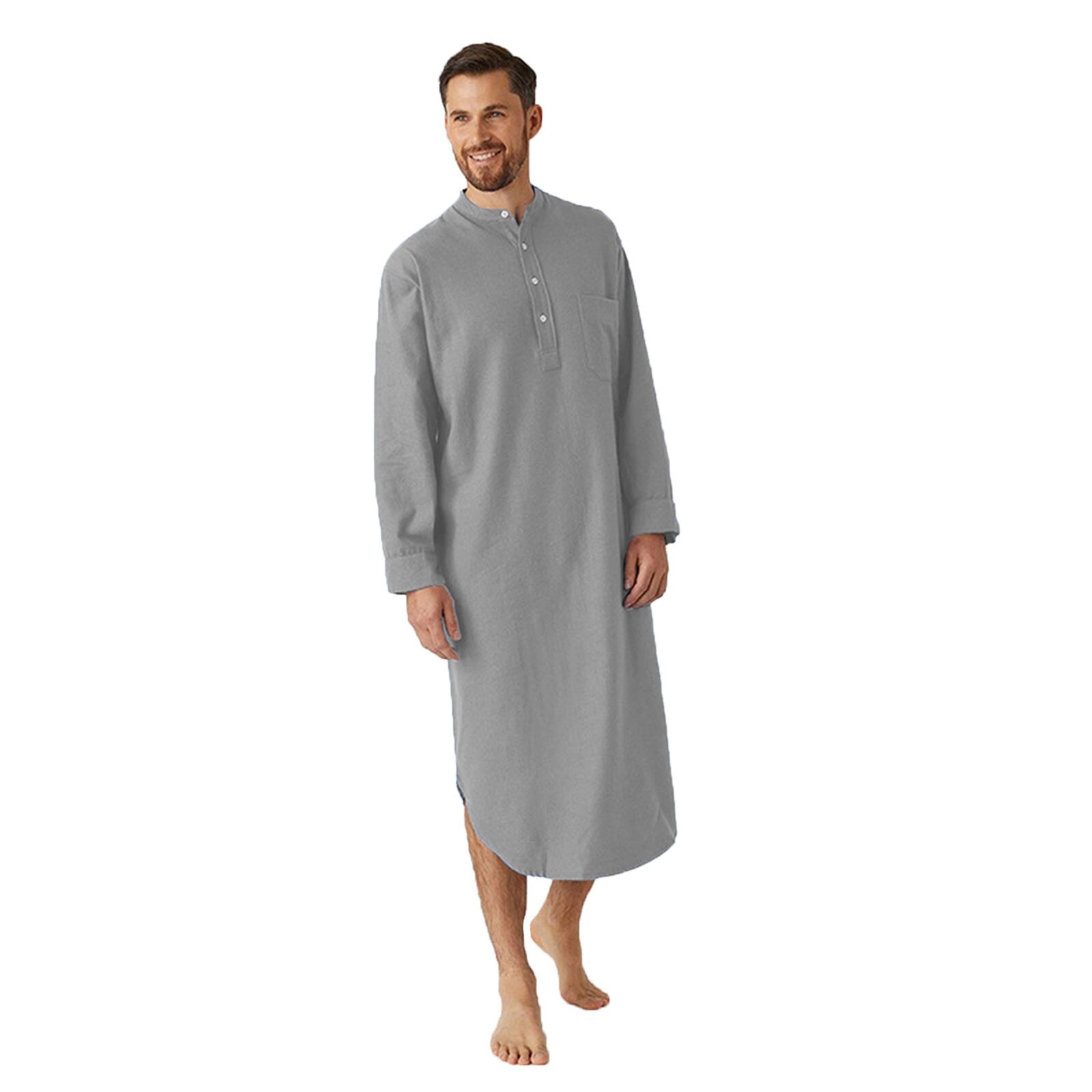 Men's Long-Sleeved Button-Down Sleepwear Solid Color Printed Shirt Stylish Nightgown Nightwear Loose bathrobe Nighty&Robe
