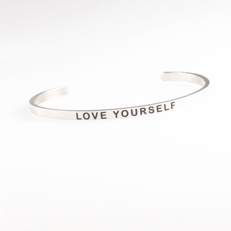 LOVE YOURSELF Stainless Steel Bracelets Bangles Engraved Open Cuff Mantra Bracelet Positive Inspirational Quotes Jewelry: LOVE YOURSELF