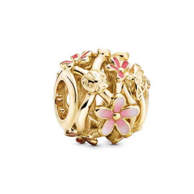 DIY Jewelry Deep Purple Pansy Flower、Pink Pansy Flower & Pink Daisy Flower Charm Bead Fit Original Silver 925 Europeans Bracelet: Beige
