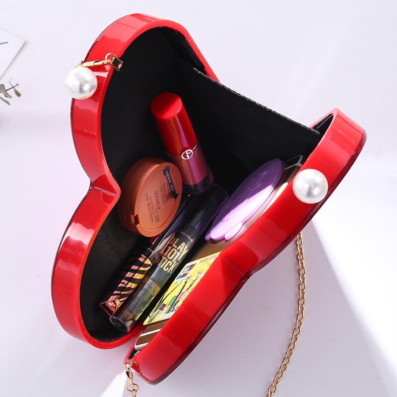 Unique Acrylic Clutch Cute Red Heart Shape Pearl Chain Party Evening bag Women Shoulder Bags Handbag Purses