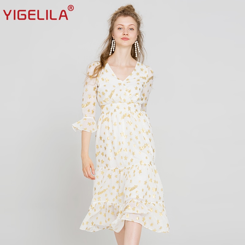 YIGELILA Latest Women White Embroidery Dress V-neck Flare Sleeve Empire Slim Mid Length A-line Dress 63055