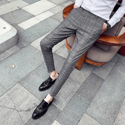 Hoge lente heren geruite casual broek slanke trendy geruite kleine broek koreaanse stijl kleine voeten lange broek