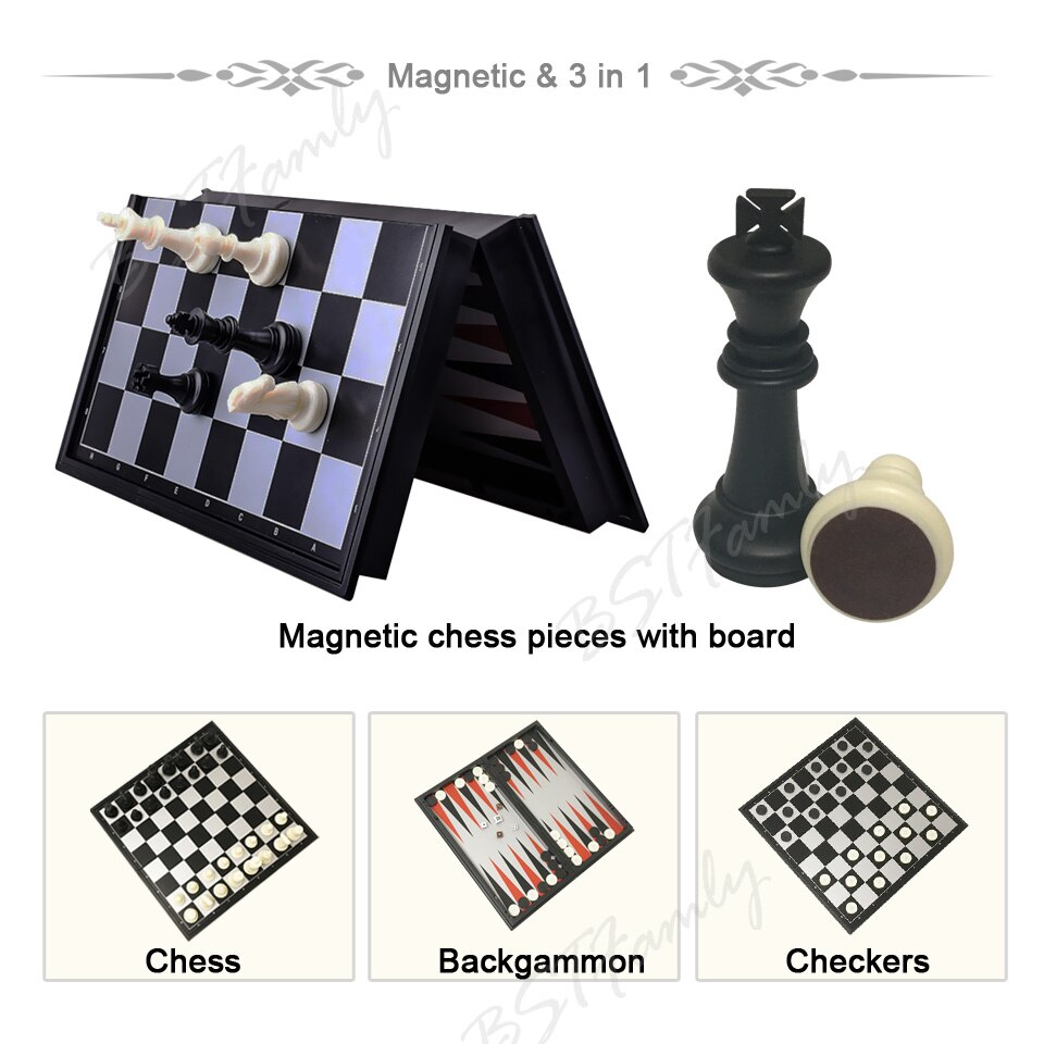 Chess and Checkers and Backgammon 3 in 1 Plastic Chess Set Travel Chess Game Magnetic Chess Pieces Folding Chess Board I7