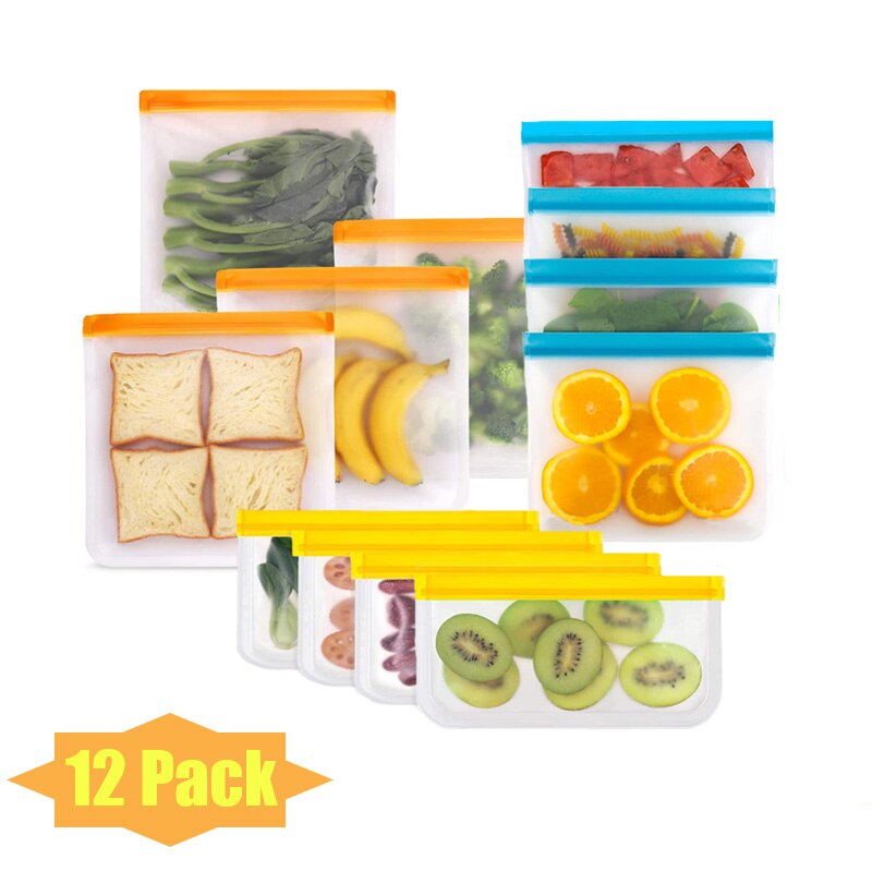 TEENRA 12Pcs/set PEVA Food Storage Bag Container Reusable Food Fresh Bag Ziplock Leakproof Food Bag Kitchen Organizer: Default Title
