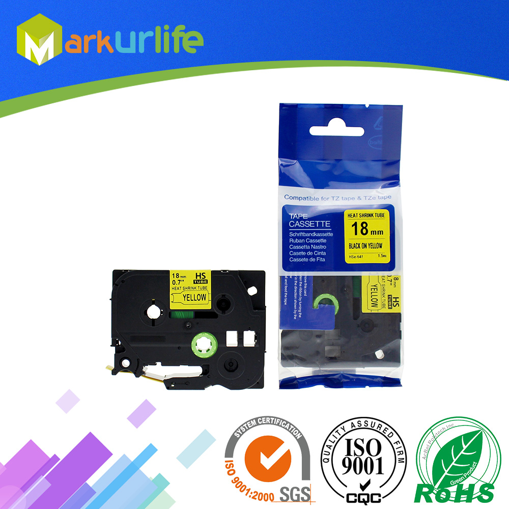 HSe-641 18mm Black on Yellow Heat Shrink Sleeving / Tubing for Brother Printer PT-E300 Printable Label Tape HS641 HS-641 HSE641
