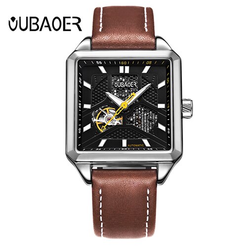 OUBAOER hommes montres mécaniques automatique auto-vent Sport cuir hommes montre-bracelet carré squelette homme mâle heure chaude: Silver Black
