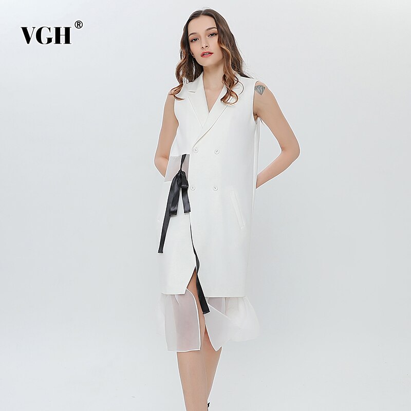 Vgh Blazer Jurk Voor Vrouwen Revers Mouwloze Strik Lace Up Patchwork Mesh Witte Jurken Vrouwelijke Zomer Kleren