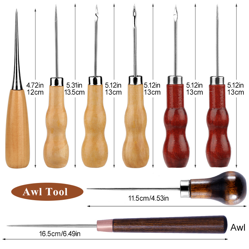 Punzón de costura con mango de madera, herramienta de punzón para rascar, punzonado para bolsa de cuero, herramienta de reparación de zapatos de costura hecha a mano, 1 ud.