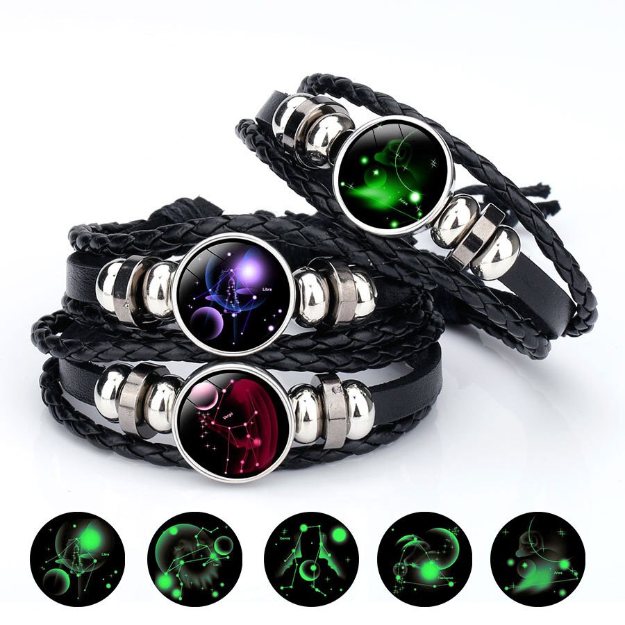 12 zodiac Glow in The dark Teken Armbanden Voor Vrouwen Mannen constellation Drukknoop charm Leather Rope Bangle Mode-sieraden