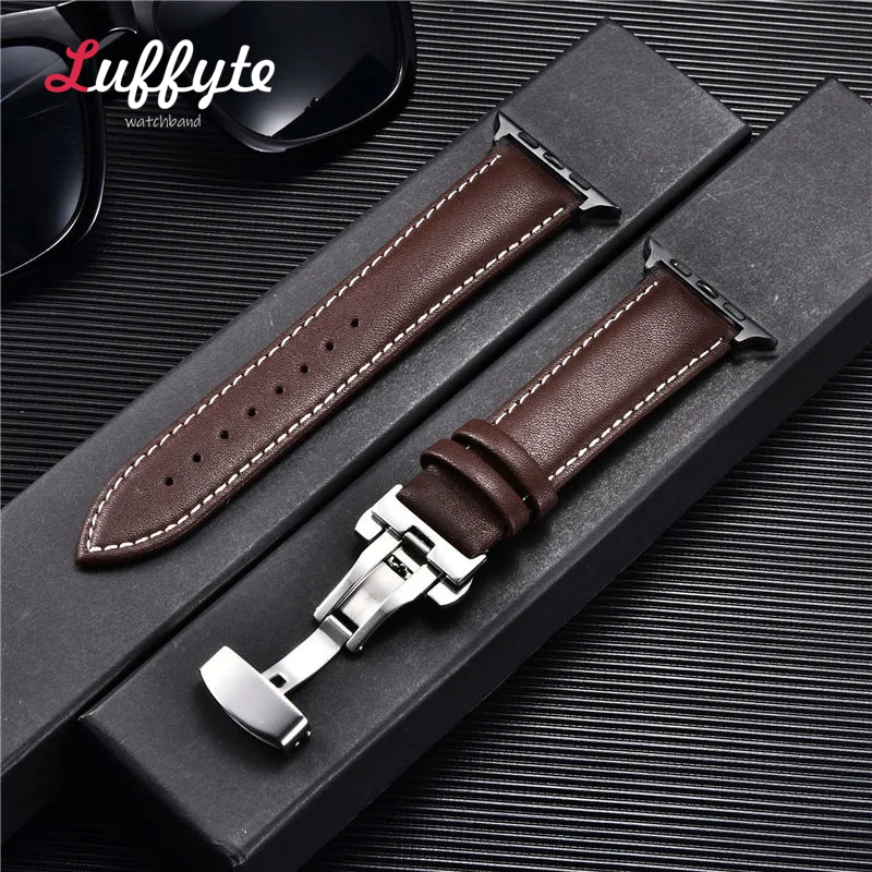 Bracelet de montre en cuir pour Apple Watch Ultra 9 8 7 6 5 4 3 avec fermoir papillon pour Iwatch 38mm 40mm 41mm 42mm 44mm 45mm 49mm bracelets: Blue White / 14mm