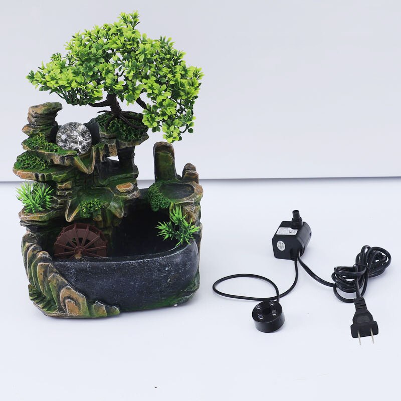 Home Decoration Desktop Waterfall Fountain Zen Meditation Simulation Resin Rockery Waterfall Statue Feng Shui Ornaments: No Led Spray / 220V EU Plug