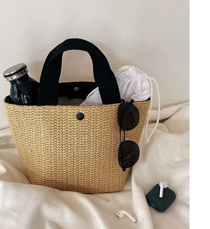 Vintage casual portable straw bag summer seaside beach bag women сумки женские пляжная сумка bolsa de playa соломенная сумка: Black handpart