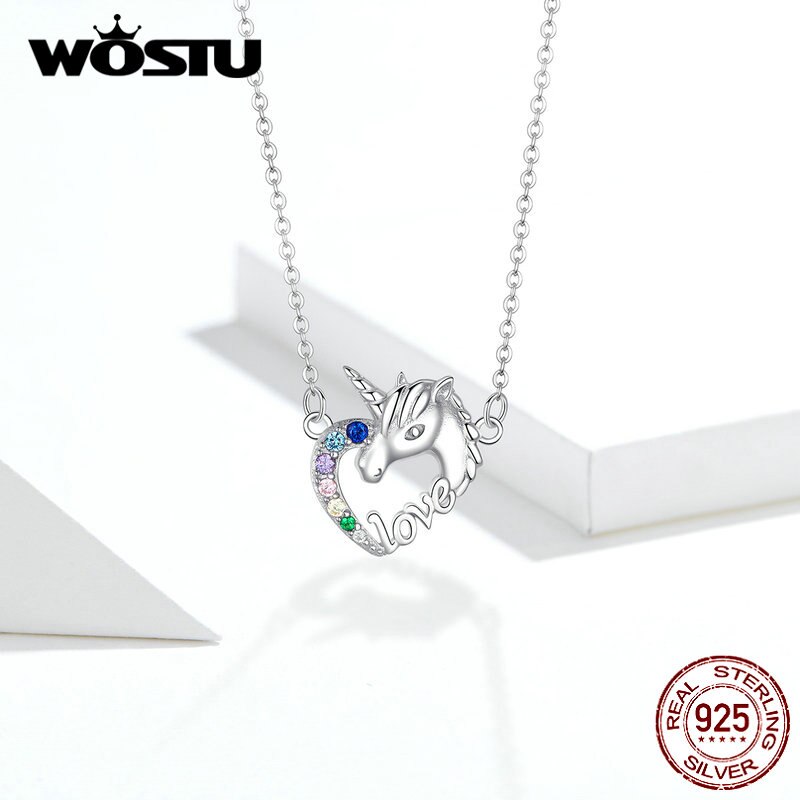 Wostu real 925 prata esterlina unicórnio do amor colares zircão pingente longo elo de corrente para o casamento feminino moda jóias cqn348