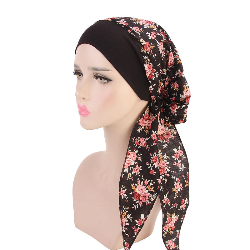 Kvinnors muslim hijab cancer kemo blomma tryck hatt turban mössa täcka håravfall huvud halsduk wrap förbundna huvudbonader strech bandana