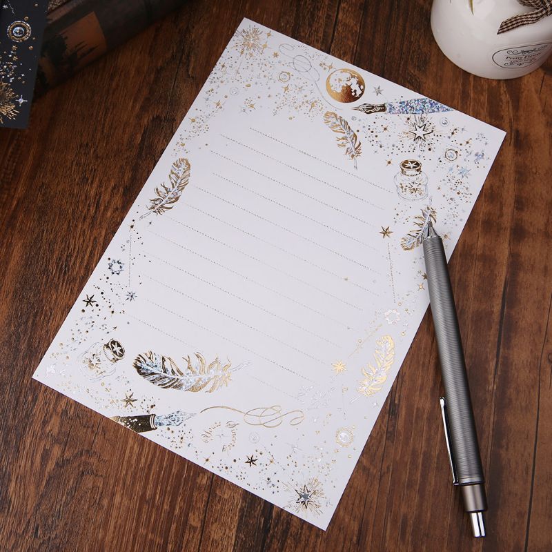 8 Sheets High-end Vintage Bronzing Feather Blessing Letter Paper Pad Writing Office School Supplies W91A