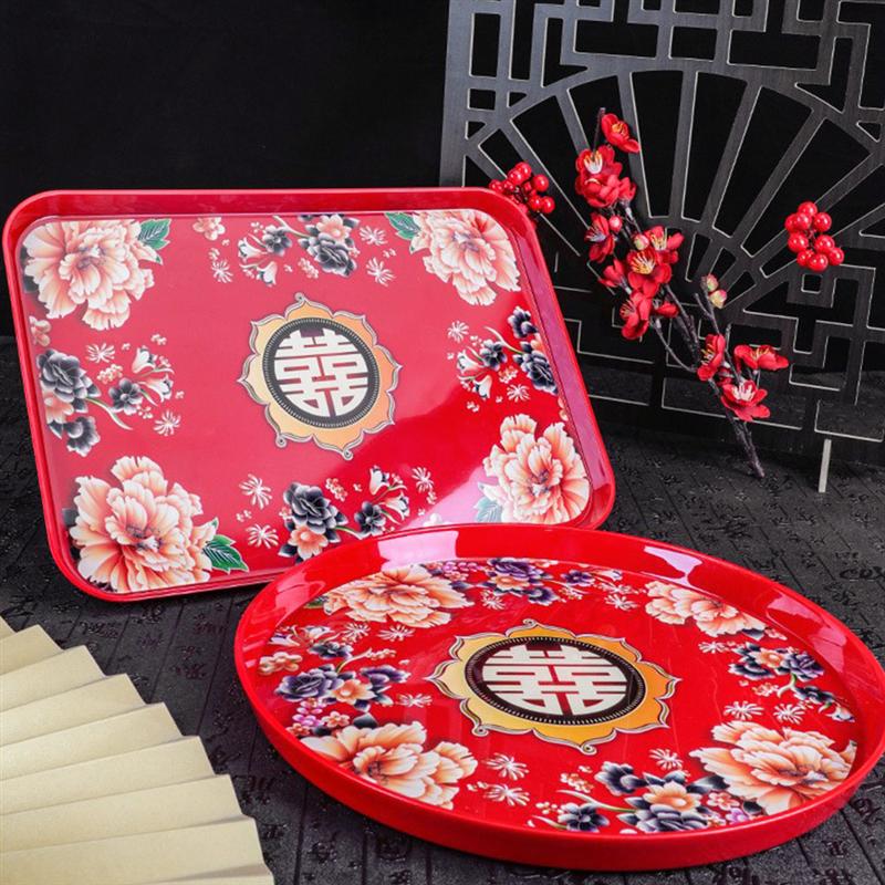 1pc Chinese Style Wedding Candy Plates Xi Tea Tray Dried Snack Fruit Plates PP Serving Tray Food Storage Tray