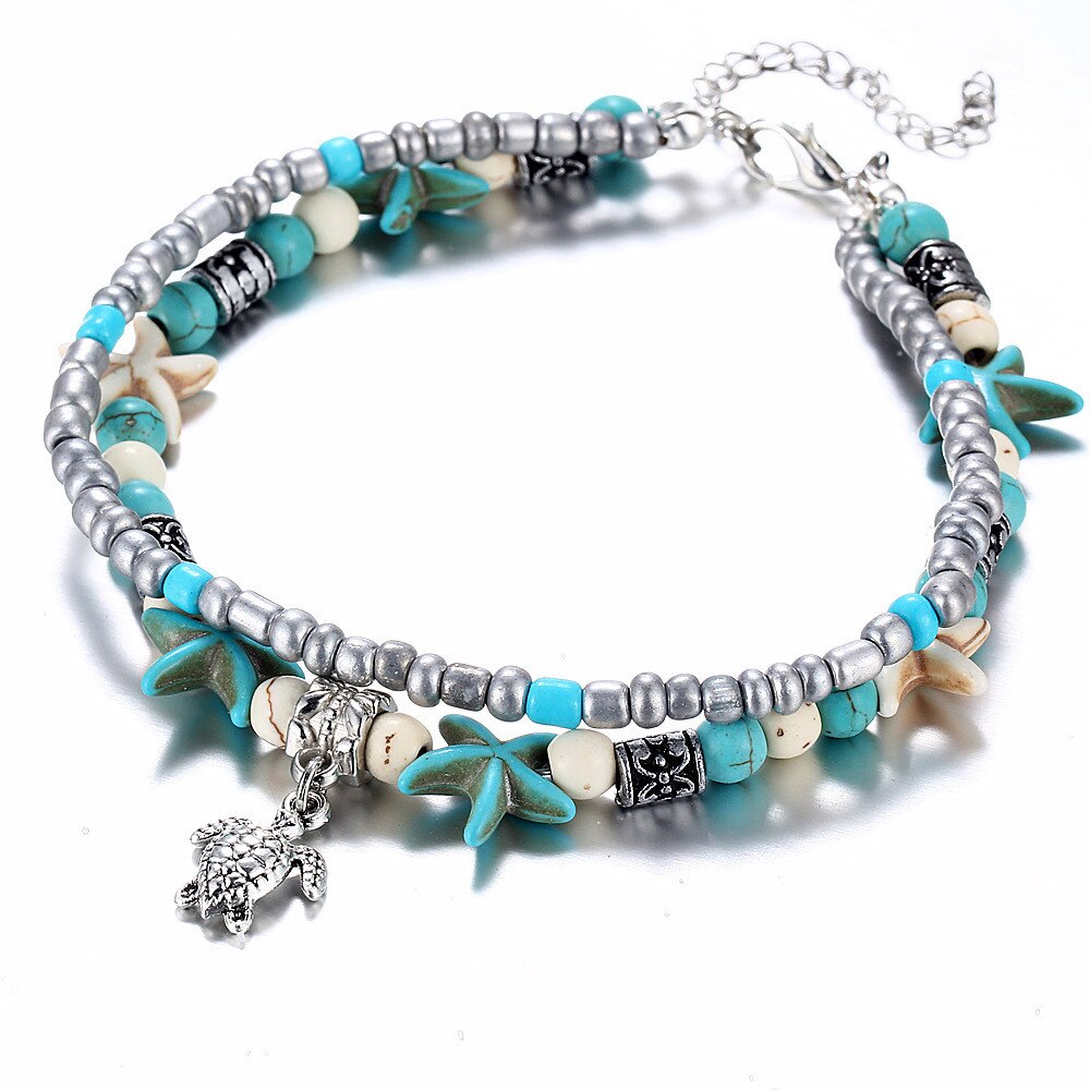 Bohemian Beaded starfish stone Anklet Bohemian women's silver chain bracelet leg beach ankle jewelry women's