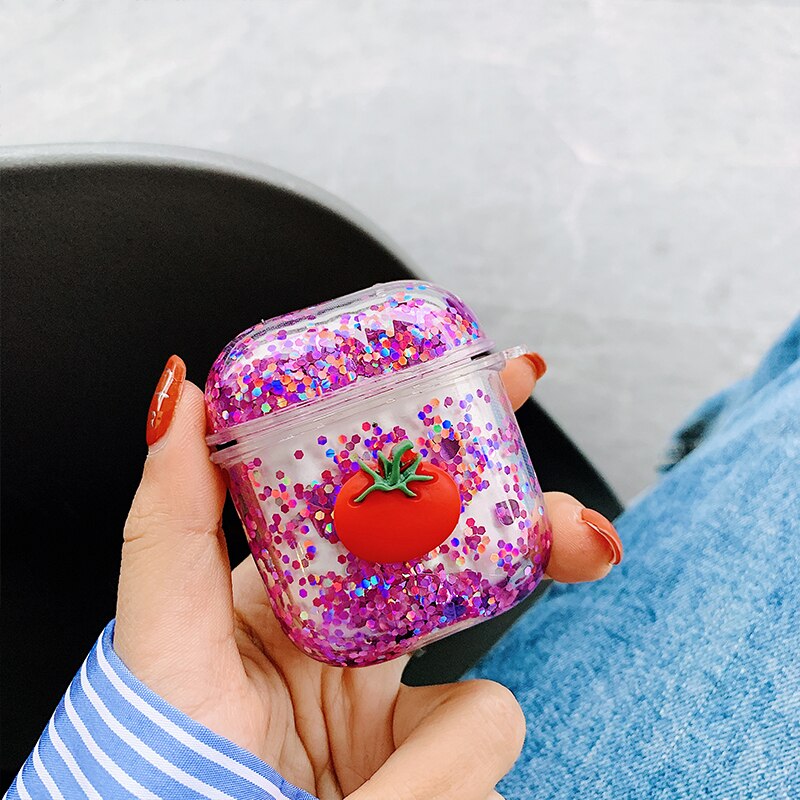 For AirPods Pro Colorful Glitter Dynamic Liquid Quicksand Crystal Clear Case for AirPods 1 2 Transparent Earphone Cover: tomatoes purple