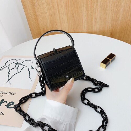 Acryl Dikke Ketting Mini Effen Kleur Pu Lederen Crossbody Tassen Voor Vrouwen Dame Doos Vorm Schouder Handtassen En Portemonnees: Black