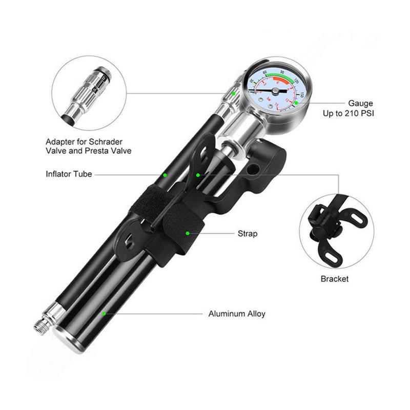 Mini Bike Pump Portable High-pressure Air Shock Pump with Gauge 210Psi Presta Schrader Valve for Mountain Bike Ball Inflatable