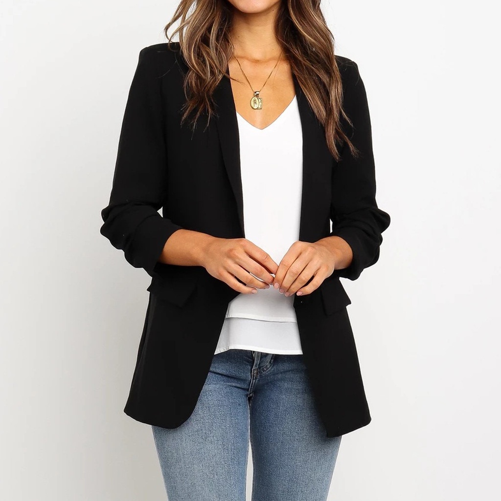 Chaqueta negra para mujer, Blazer Formal, traje de trabajo de oficina con bolsillos, abrigo, chaqueta negra ajustada para mujer # J30,
