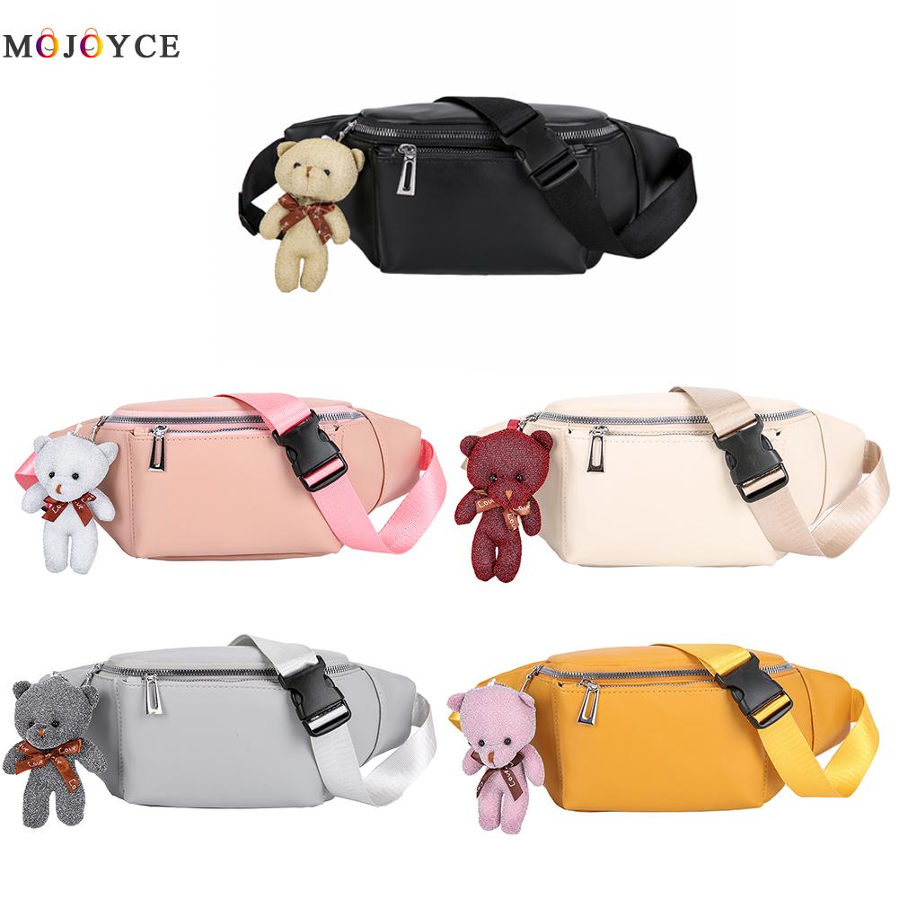 Bolsas de cintura feminina fanny pu couro urso pingente sólido pacote de ombro no peito