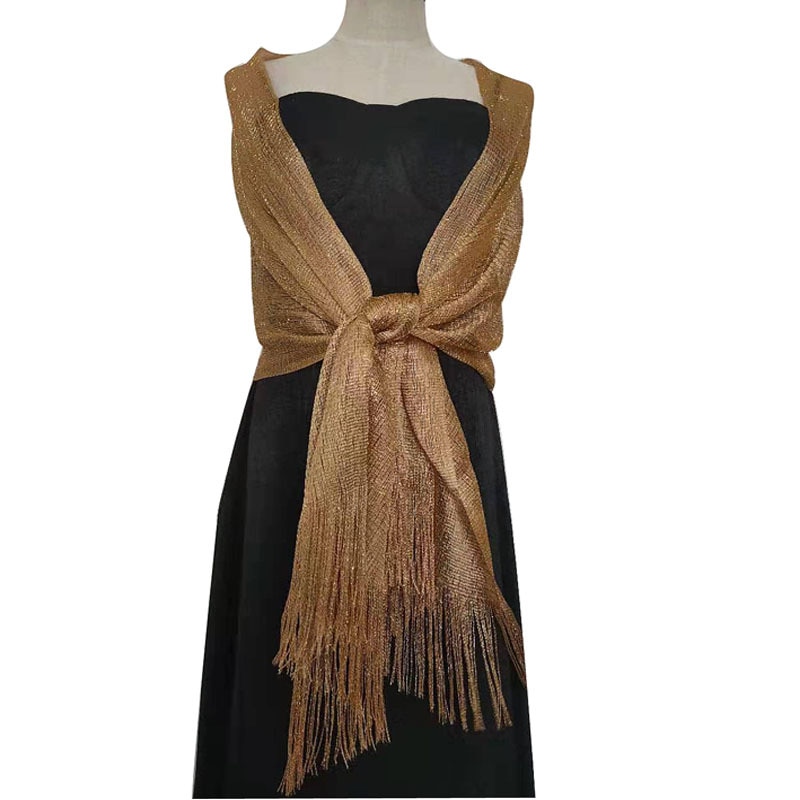 Elegante Goud En Zilver Zijde Sjaal Vrouwen Bruid Jurk Tippet Sjaals Dance Wedding Party Avond Sjaal Vrouwelijke Kwastje Sjaal: Goud
