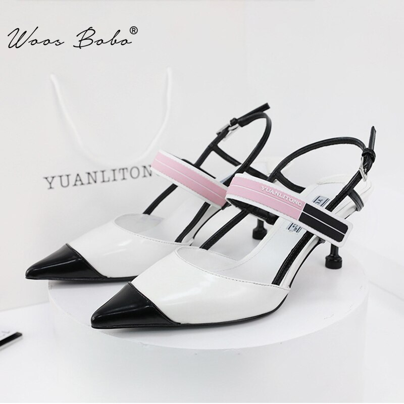 Stitching Pink color high heels women Pointed kitten heel sandals women Thin back slingback women pumps shoes