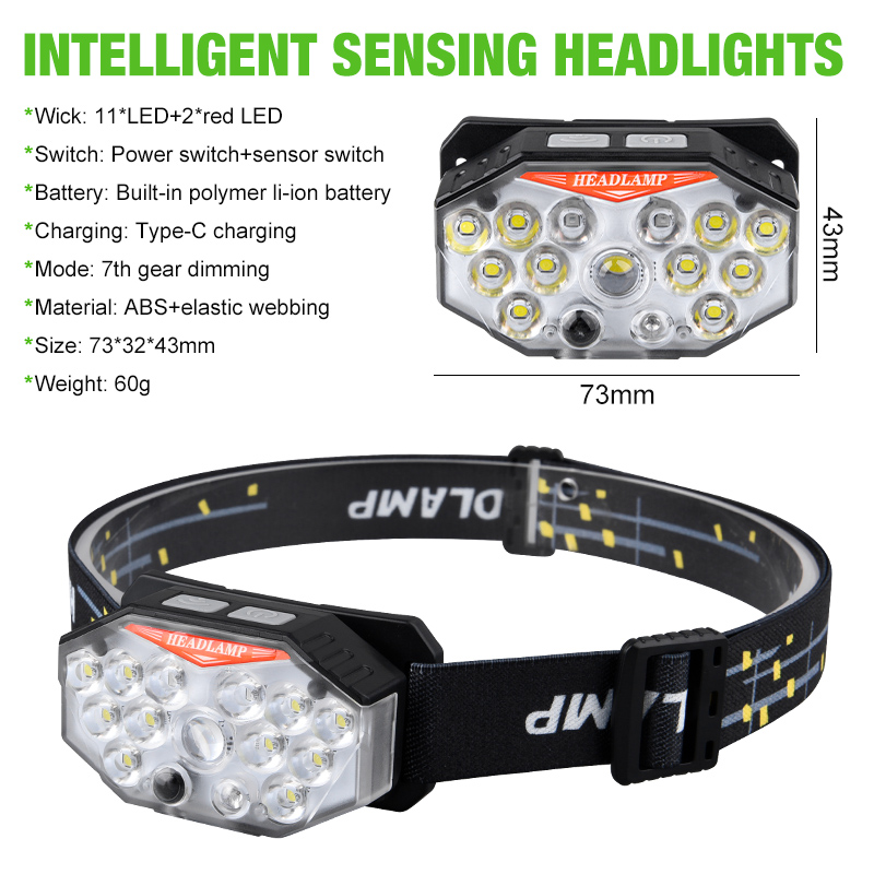 Genopladelig pandelampe bølgesensor led-lampe type-c oplader lommelygte camping fiskeri søgelampe indbygget batteri pandelampe
