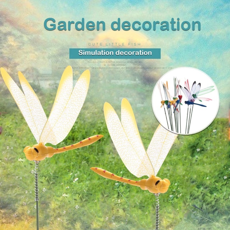 2PCS/lot DIY Artificial Dragonfly Garden Lawn Decorations 3D Simulation Dragonfly Yard Plant Lawn Decor Stick Random Color