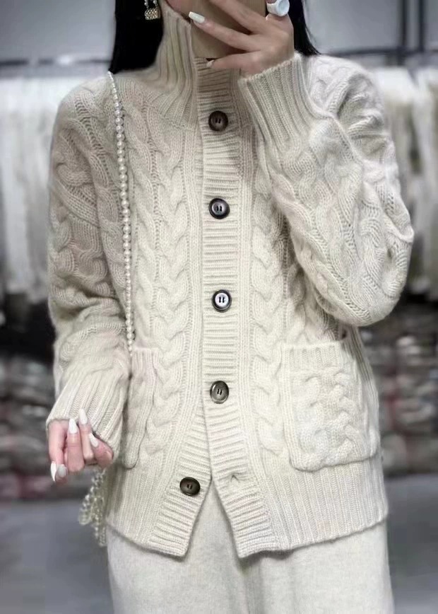 pure cashmere sweater women's turtleneck cardigan Autumn/Winter sweater coat twist knitwear trend: M / SKY BLUE