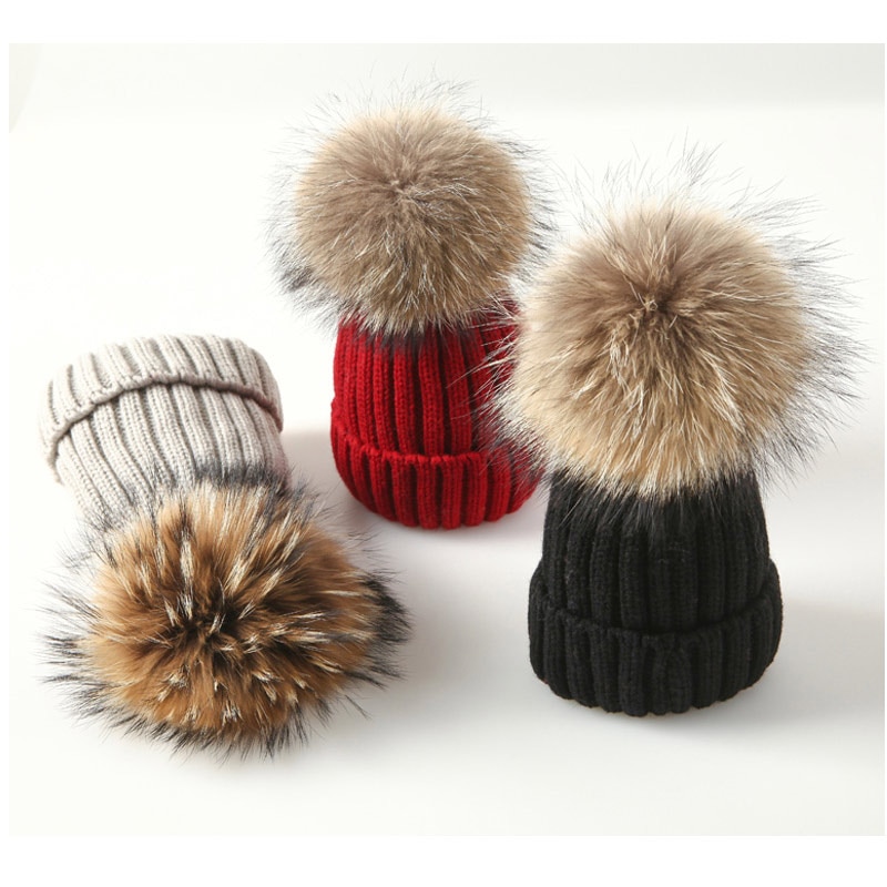 Gorro con pompones de piel para mujer, gorro de punto, gorros gruesos, de invierno
