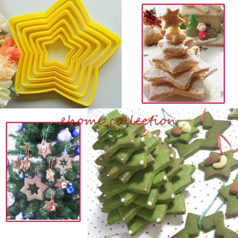 6 stks/set Sterren Vorm Plastic Plunger Cutter Cookie Cutters Fondant Taart Decoreren Gereedschappen Kerst Bakvorm