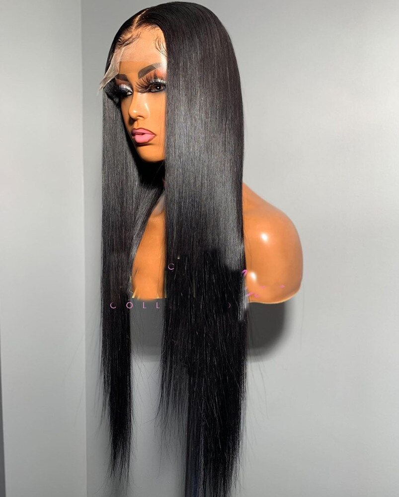 Perruque Lace Front Wig lisse sans colle noire naturelle, 22 pouces, avec Baby Hair, naissance des cheveux naturelle, 180% de densité, , pour femmes