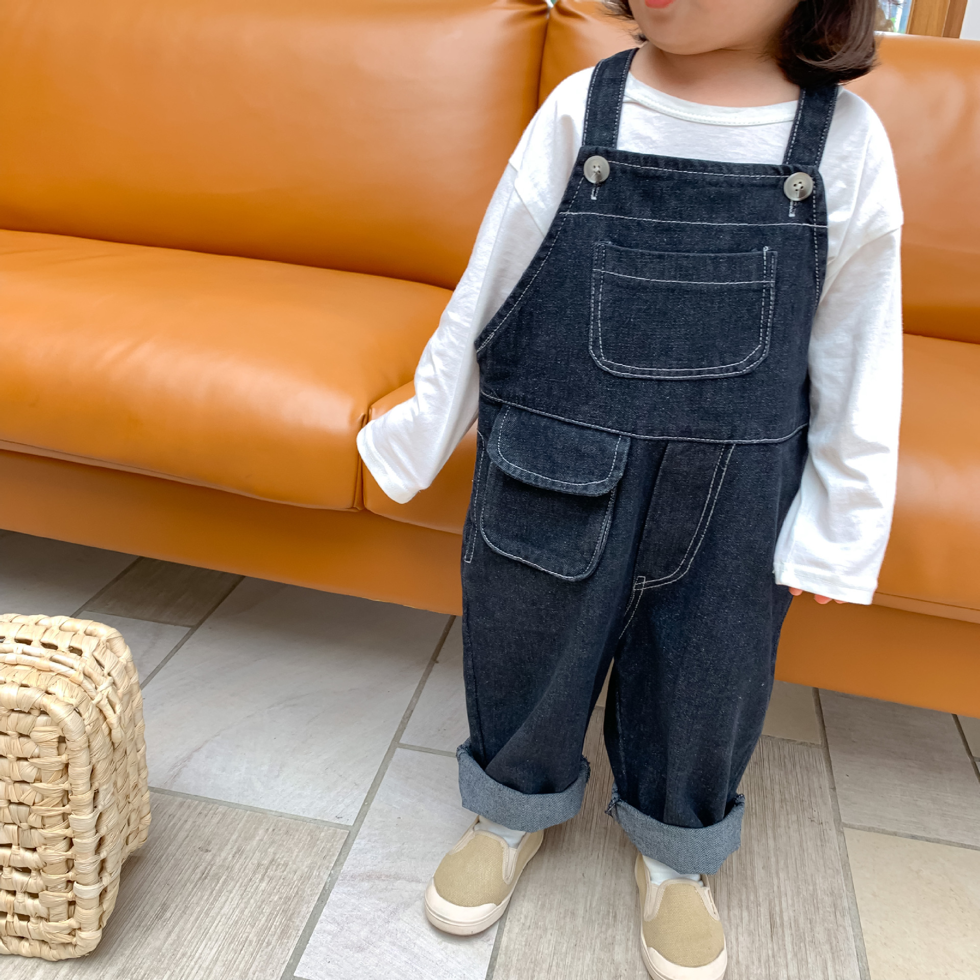Jongens Meisjes Koreaanse Stijl Losse Denim Cargo Overalls 2 Kleuren Oversized Diepe Hak Pocket Bib Broek: Black / 12M
