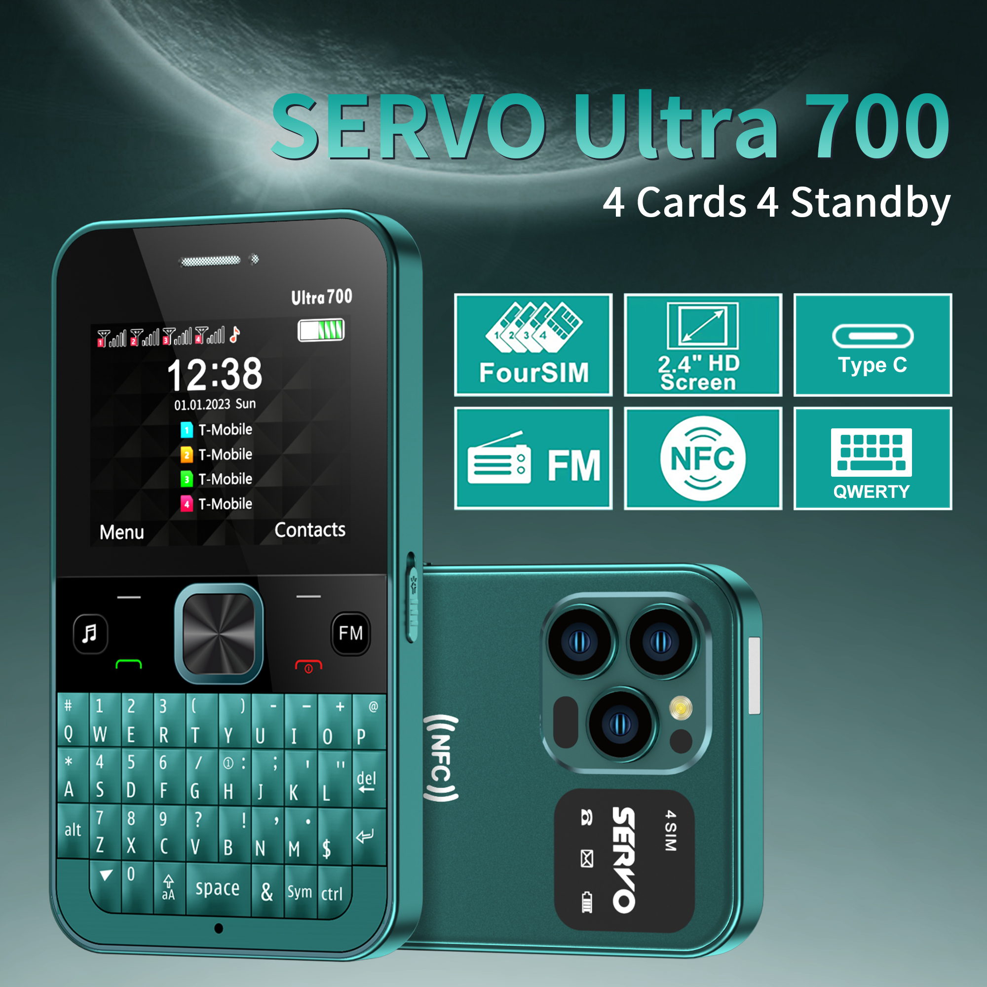 SERVO 4 tarjeta SIM 4 teclado QWERTY en espera teléfono móvil marcación de velocidad lista negra Radio FM linterna 2G GSM teléfono móvil tipo C