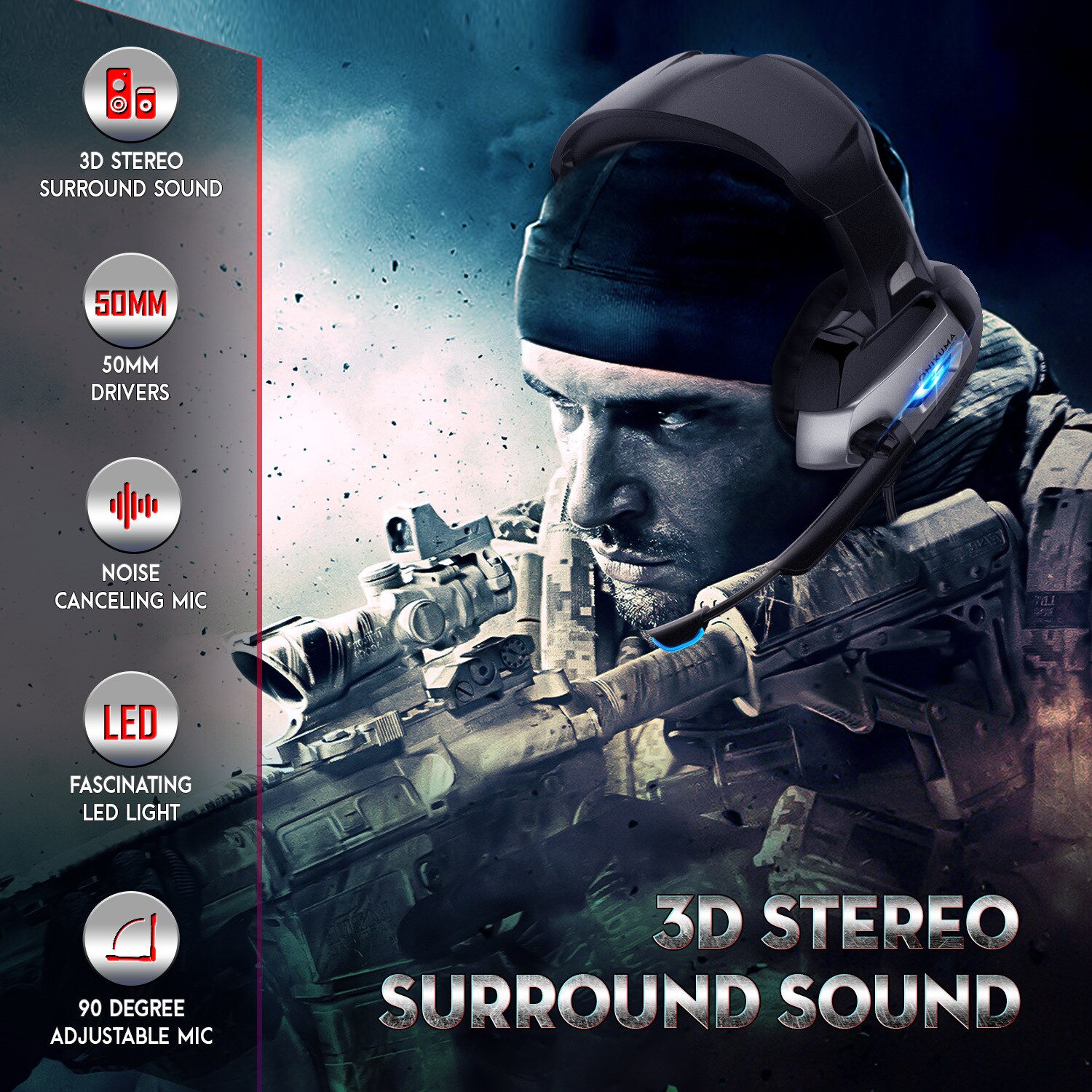 ONIKUMA K5 Gaming Headphones Deep Bass Stereo game Headset with Mic LED light for Laptop Computer PC PS4 Xbox