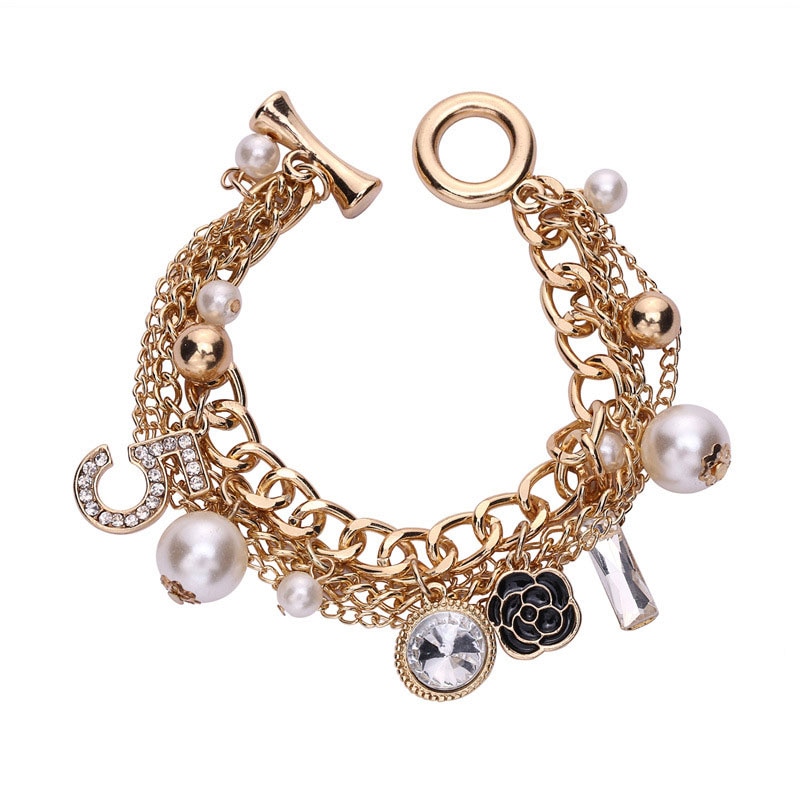 Korean Multilayer Pearl Bracelet Flower Number 5 Pendant Jewelry Luxury Woman Accessories