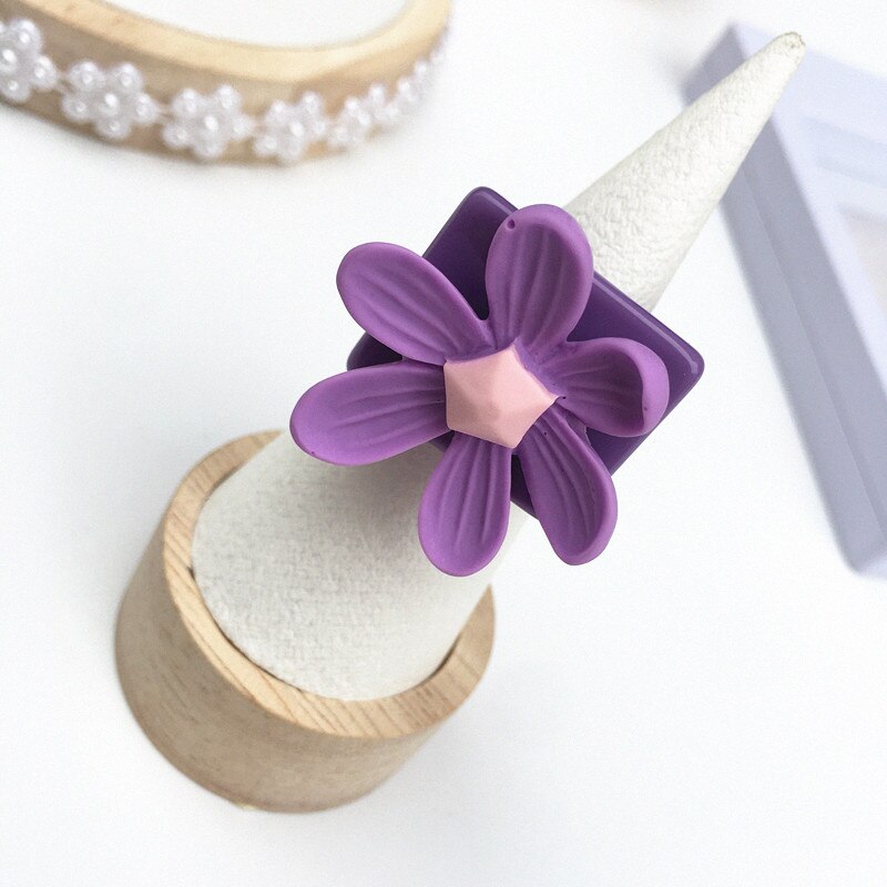 Koreansk farverig tusindfryd blomst hjerte rund bjørn geometrisk firkantet chunky ringe til kvinder lilla akryl harpiks ringe smykker: 3