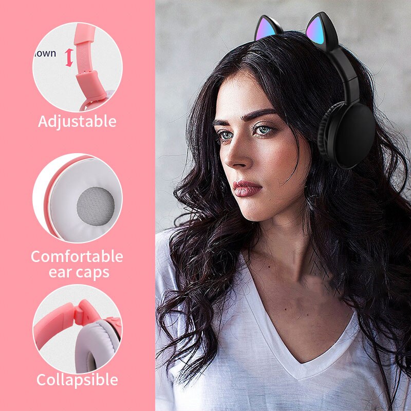 Mignon LED chat oreille bruit annulation casque Bluetooth 5.0 pliable Gamer musique casque avec Microphones pour enfants fille