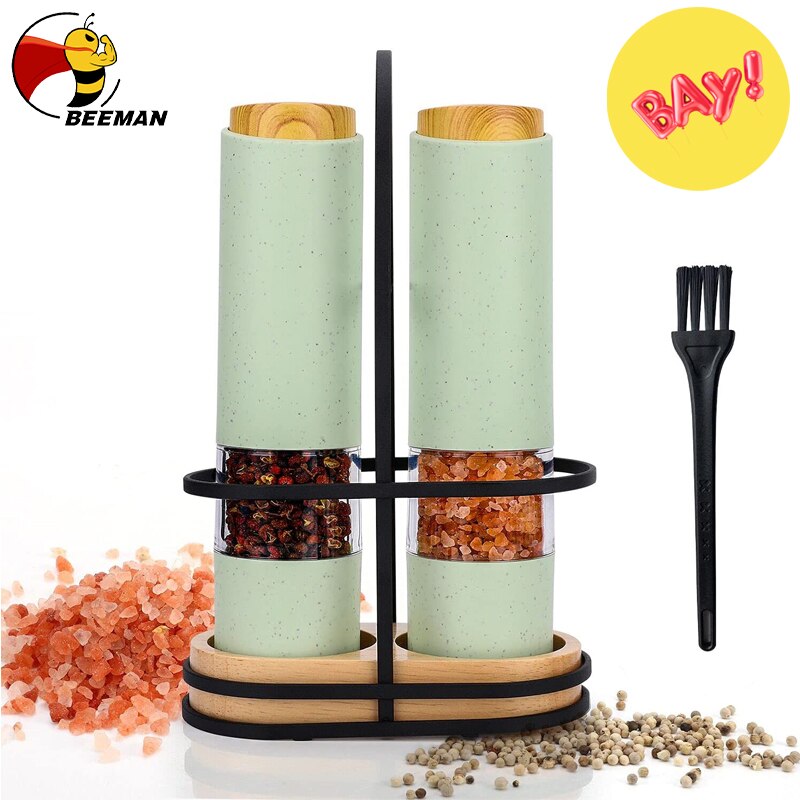 Electric Salt Pepper Grinder with LED Light Automatic Spice Mill Wheat Straw Grinders Shaker Adjustable Coarseness Ceramic Core