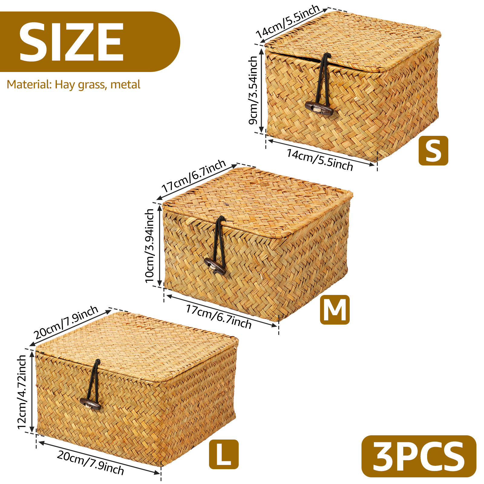3 stk. vevd oppbevaringskurv med lokk, 3 størrelser stabelbare, håndlagde kurvbeholdere, multifunksjonell oppbevaringsboks for leker, kosmetikkskap