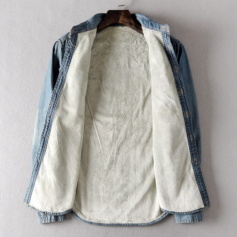 Winter Fall Warm Fleece Lined Cotton Denim Shirts Solid Blue Pockets Jeans Shirt Men Loose Fit Leisure Male Coat Chemise Homme