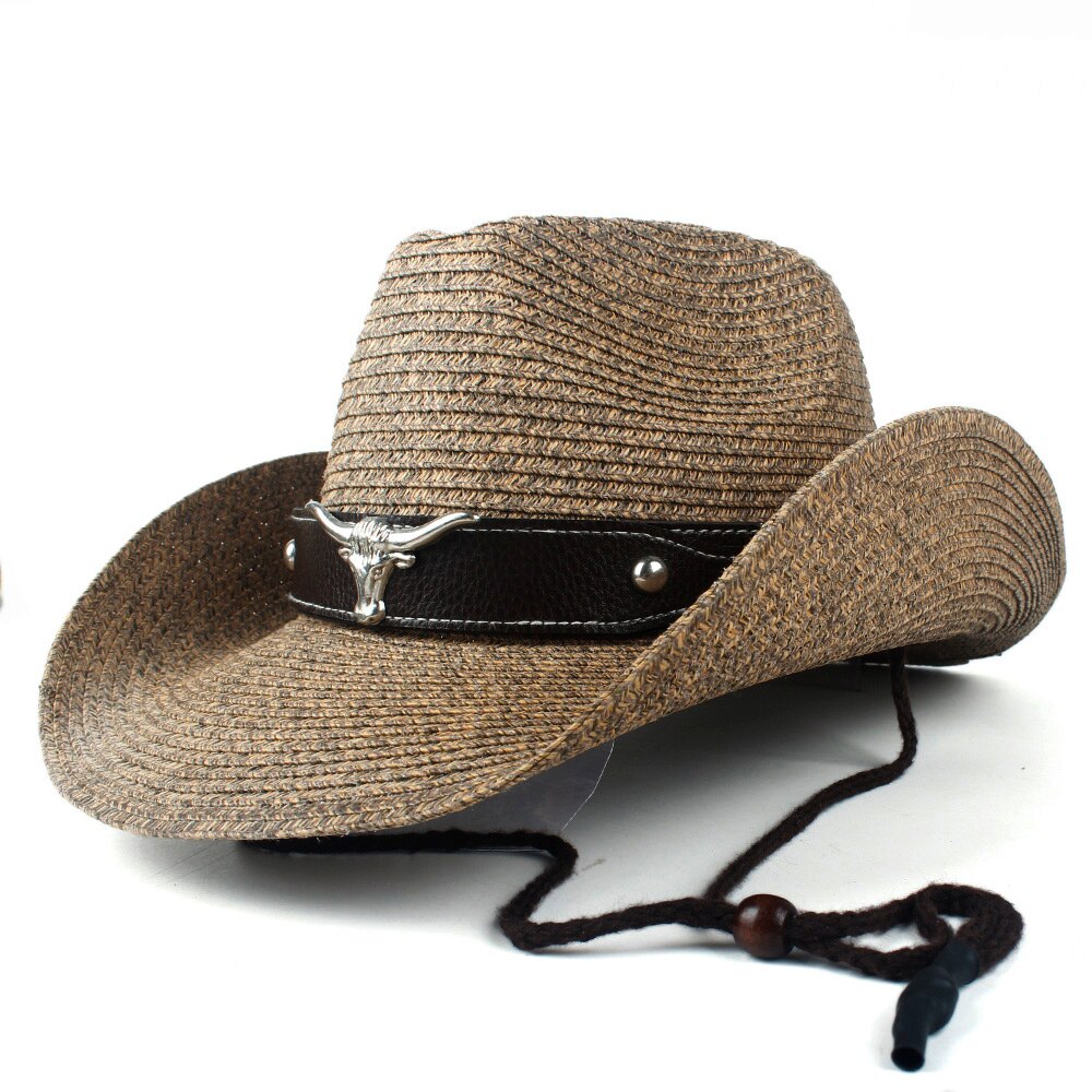 Dames heren holle strand sombrero man western cowboyhoed dame vader stro panama cowgirl jazz zonnepet maat 56-58cm: Koffie 6