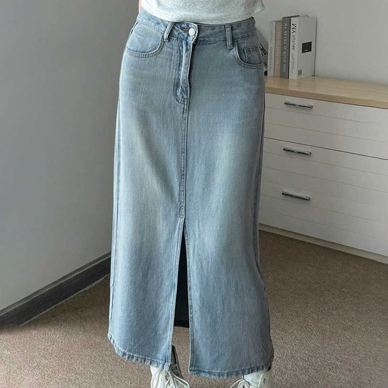 S -3xl denim nederdele kvinder sommer tynde højtaljede slidser mellemlange a-linje wrap hofter nederdel damejeankjoler street wear