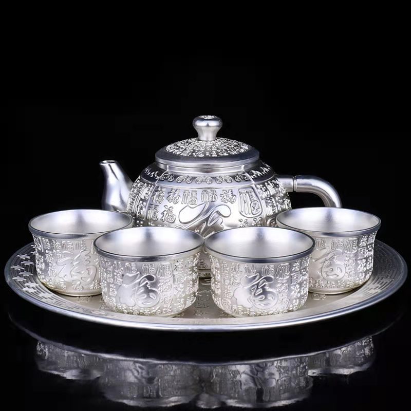 High-grade Silver Tea Set Hand-gilt Silver Teapot Baifu Suit Silver-plated Tea Wine Set Chinese Wine Glass: Default Title