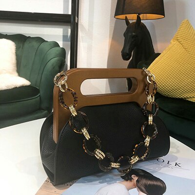 Houten clip tas dames handtassen acryl ketting schouder crossbody tassen dames luipaard schelp tas dames dames tassen: Zwart